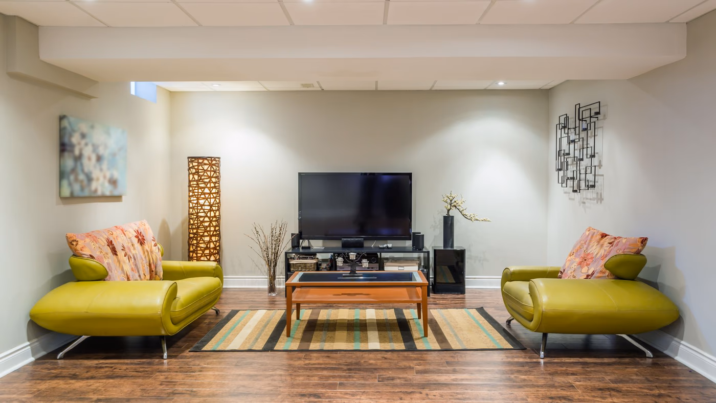 Contemporary basement with modern furniture