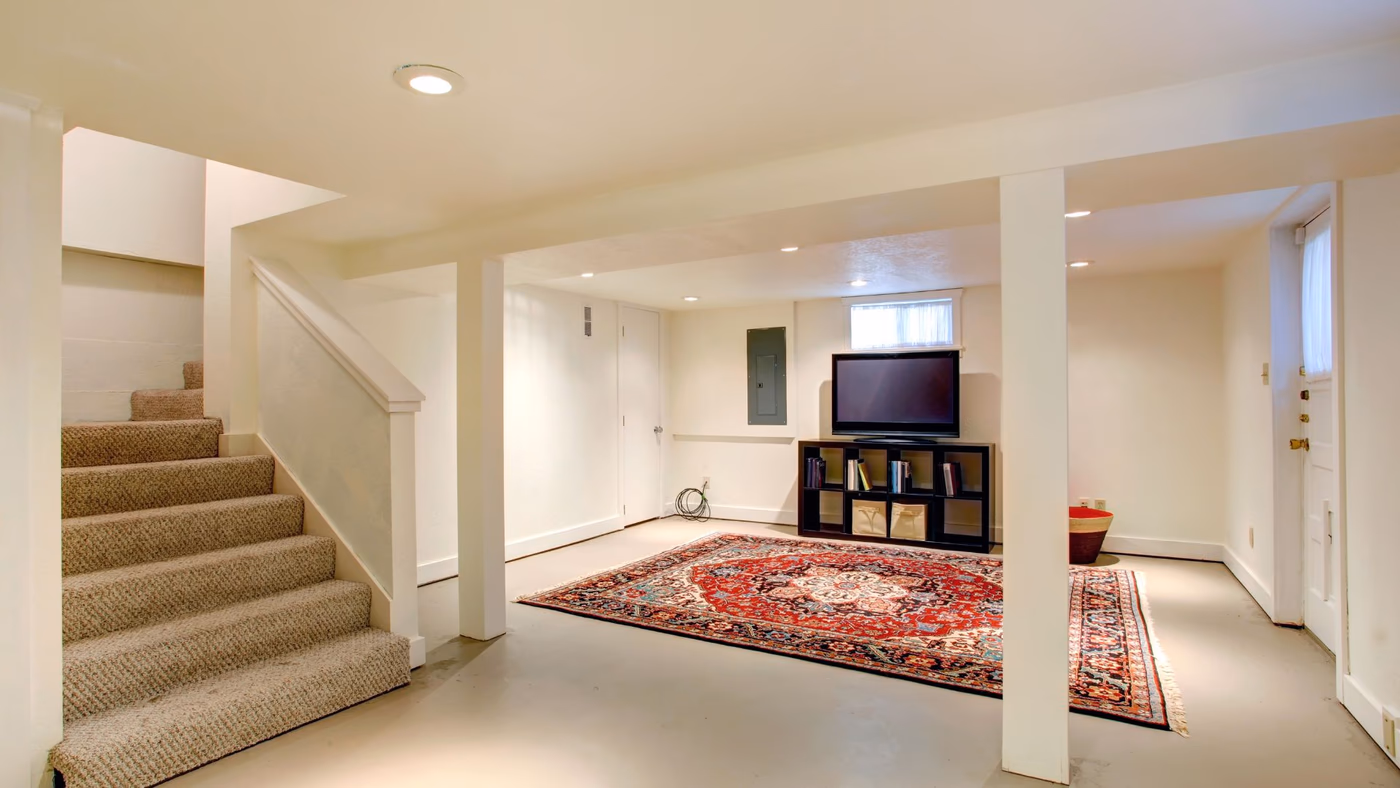Finished basement family room with carpeted stairs and entertainment center